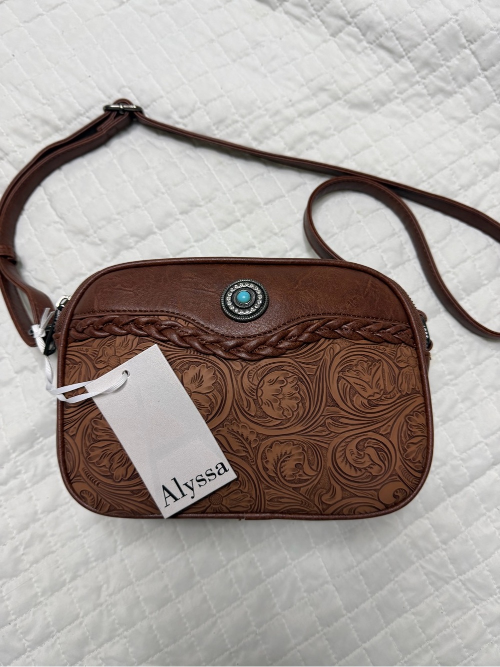 Alyssa Western Tooled Crossbody Bag Brown NWT